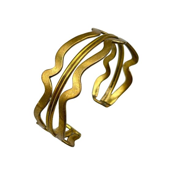 Brutalist Brass Wave Cuff Bracelet Irregular Hollow Handcrafted 70s Jewelry - Picture 1 of 9